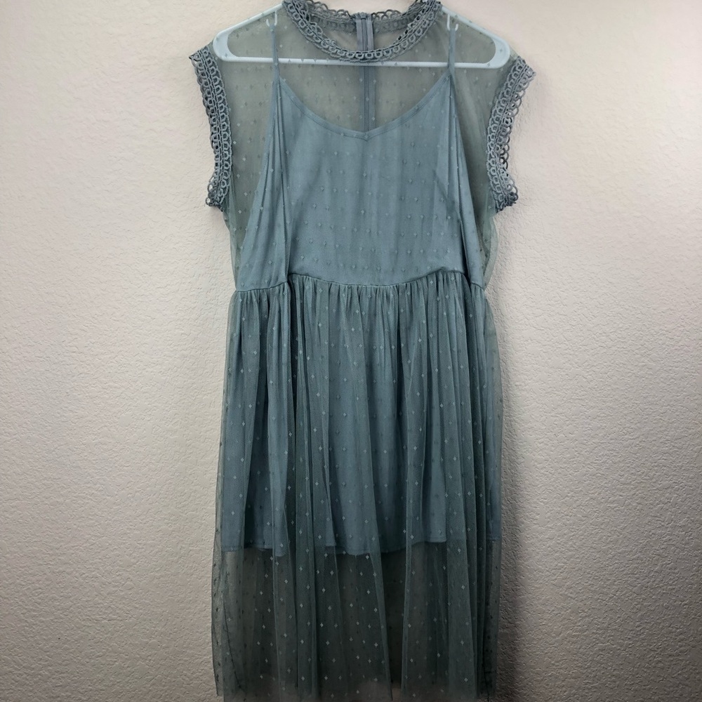Turquoise Slip Dress with Mesh Overlay